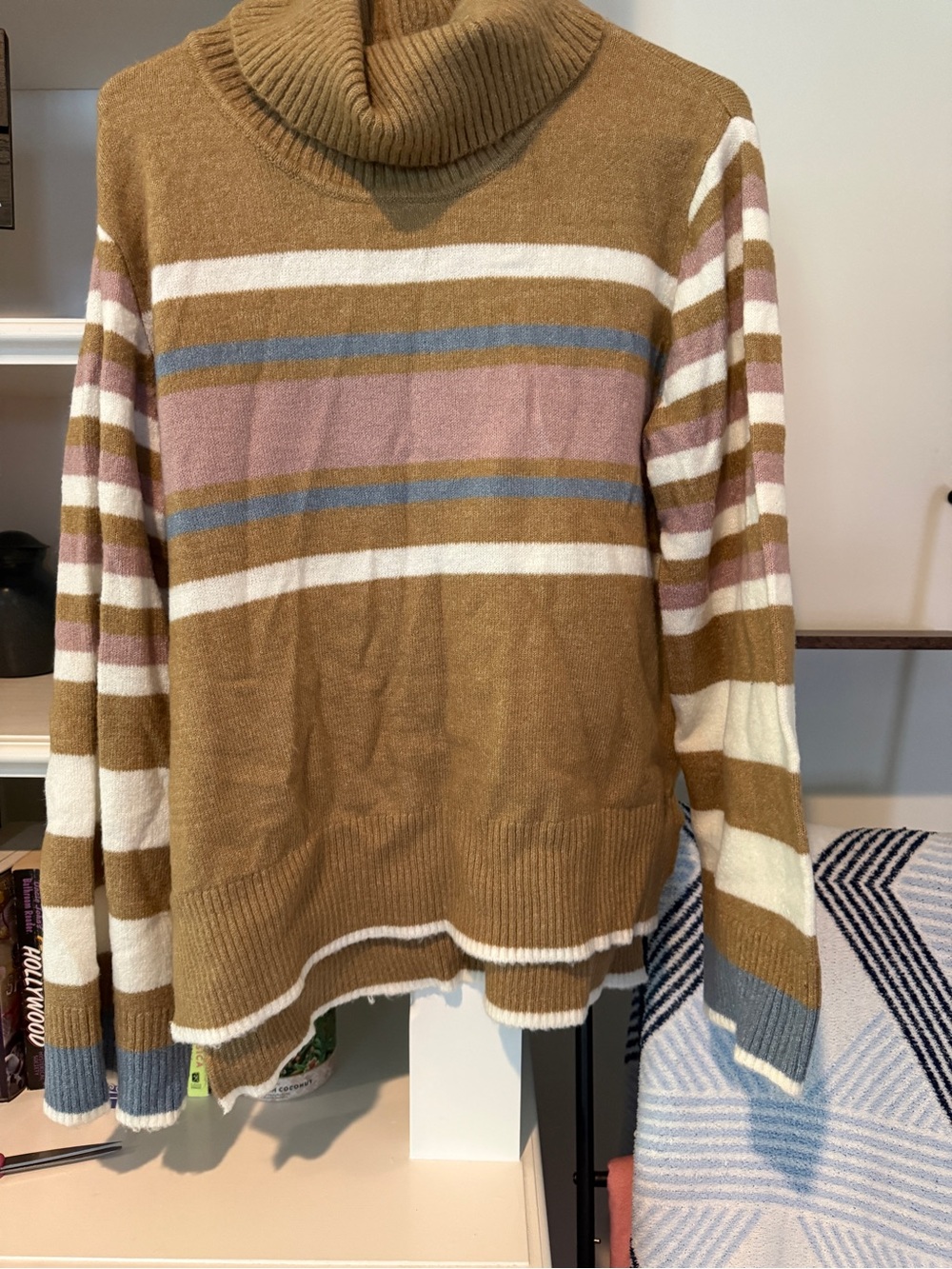 Altar'd State Camel Turtleneck Sweater with Pink, Blue & Cream Stripes